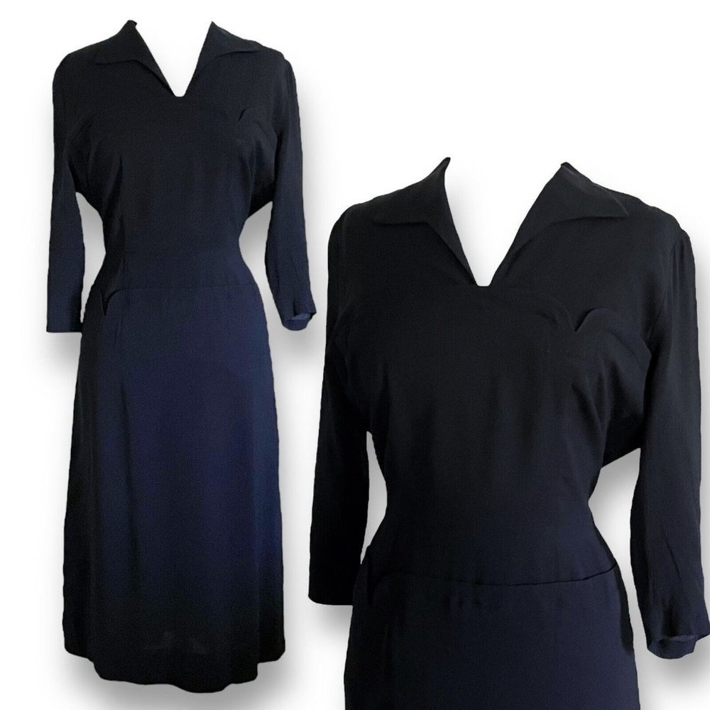 Vintage 40s Womens Dress Volup 32" Waist Black Rayon Femme Fatale Vamp Witchcore - Picture 1 of 16